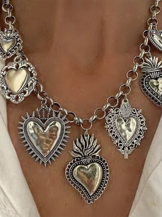Multiple Sacred Heart Pendant Necklace Silver Chain Personalized Design Female Jewelry - Hiccupzz