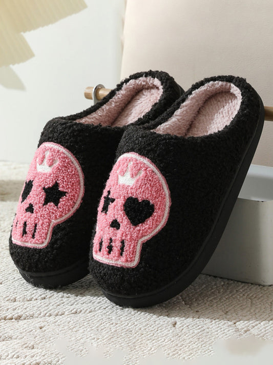 Halloween contrasting skull pattern indoor home plush warm slippers