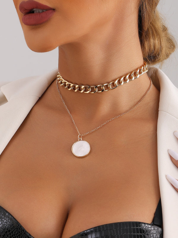 Double-layer geometric round white mother-of-pearl pendant necklace necklace metal thick aluminum chain necklace