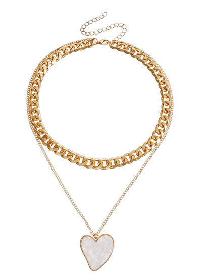 Double-layer heart-shaped white mother-of-pearl pendant necklace necklace metal thick aluminum chain necklace