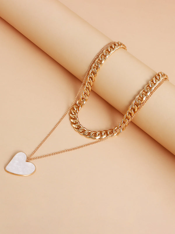 Double-layer heart-shaped white mother-of-pearl pendant necklace necklace metal thick aluminum chain necklace