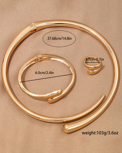 Fashionable Geometric Jewelry Set – 3-Piece Smooth Metal Collar Necklace, Bracelet & Ring for Women