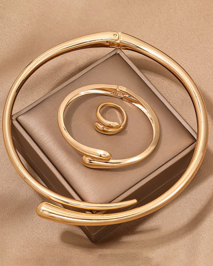 Fashionable Geometric Jewelry Set – 3-Piece Smooth Metal Collar Necklace, Bracelet & Ring for Women