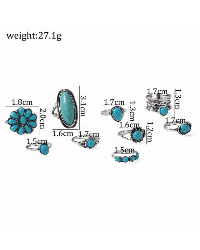 New Ring Retro Bohemian Feather Turquoise Hollow 9-piece Set