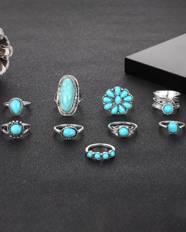 New Ring Retro Bohemian Feather Turquoise Hollow 9-piece Set