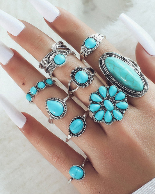 New Ring Retro Bohemian Feather Turquoise Hollow 9-piece Set