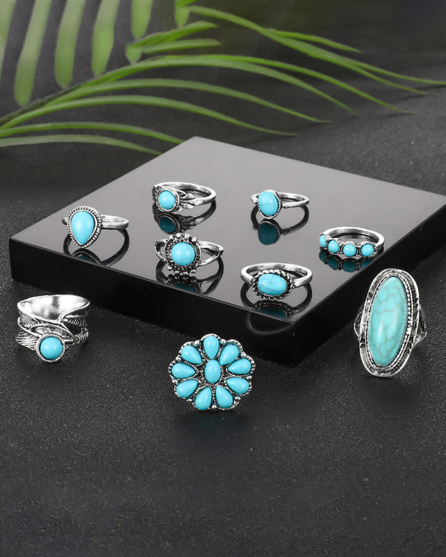 New Ring Retro Bohemian Feather Turquoise Hollow 9-piece Set