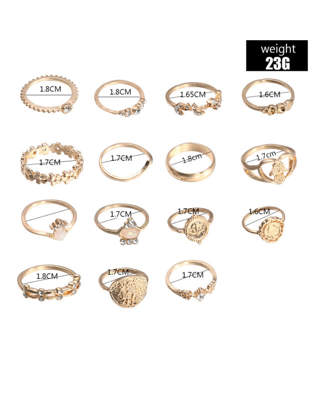 Retro Beauty Head Portrait Gold Coin Cross Pattern Love Fatima Palm Ring 15-piece Ring Set