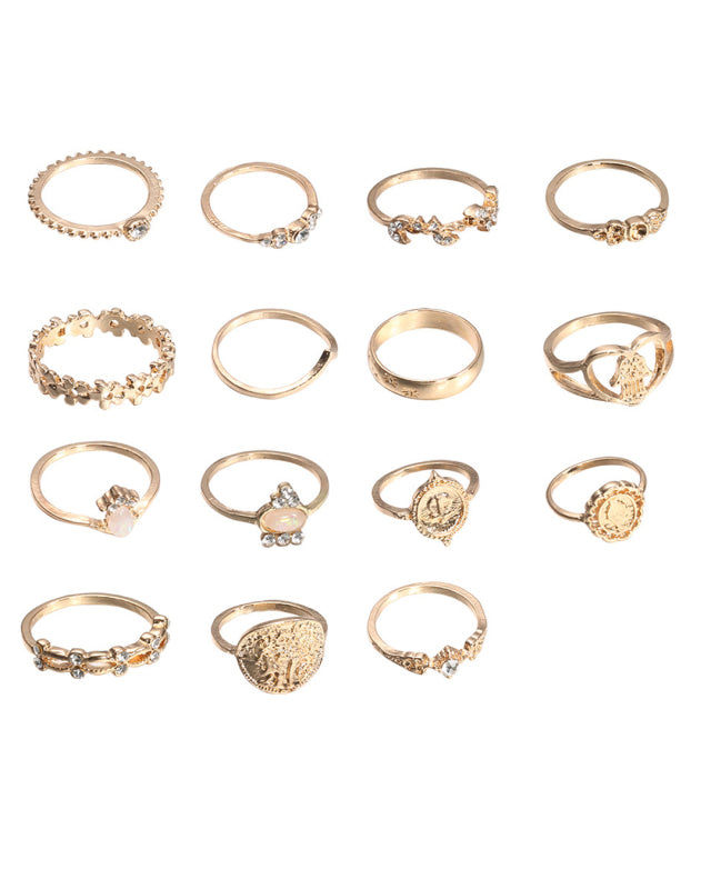 Retro Beauty Head Portrait Gold Coin Cross Pattern Love Fatima Palm Ring 15-piece Ring Set