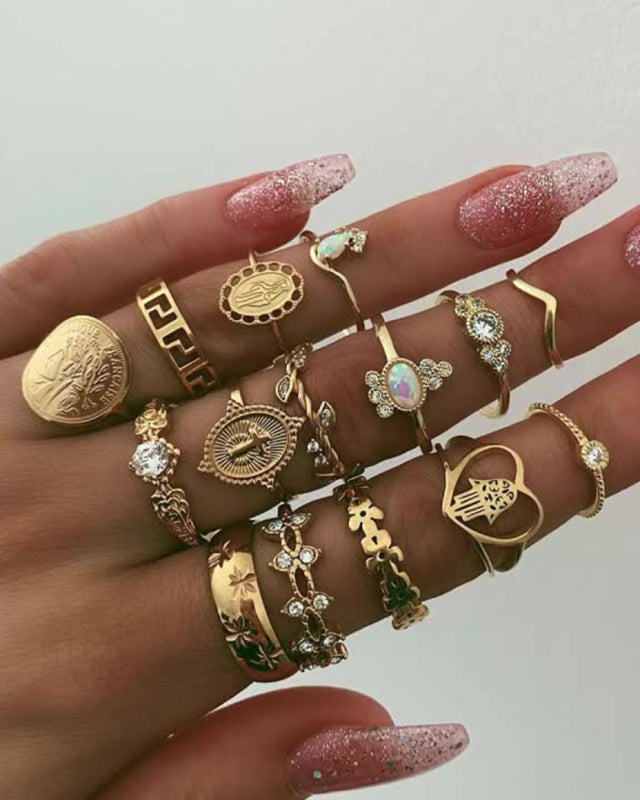 Retro Beauty Head Portrait Gold Coin Cross Pattern Love Fatima Palm Ring 15-piece Ring Set