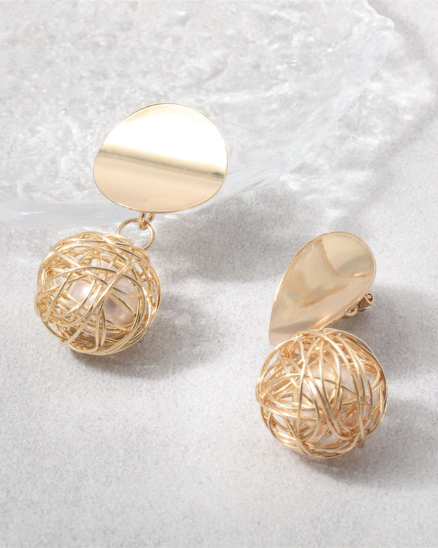 Fashion earrings, personalized hollow gold wire wrapped ball pearl earrings, non-pierced ear clips