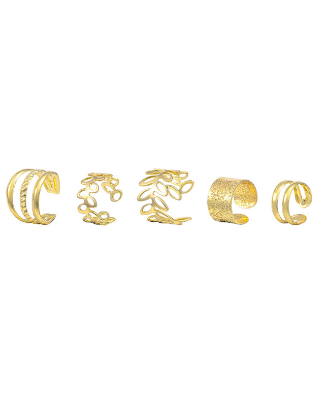 Five-piece set of ear bone clips for non-pierced ears, personalized golden leaf hollow multi-layer earrings