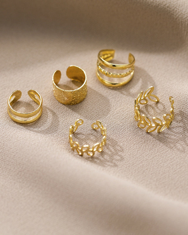 Five-piece set of ear bone clips for non-pierced ears, personalized golden leaf hollow multi-layer earrings