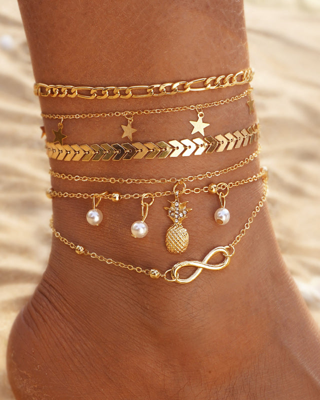 Beach Metal Pineapple Pearl Anklet Set Vintage Multi-layer Pendant Anklet