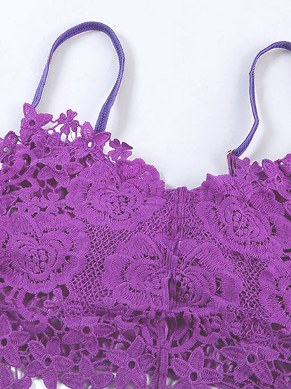 Spaghetti Straps Crochet Lace Hollow Out Bra Thong Lingerie Set