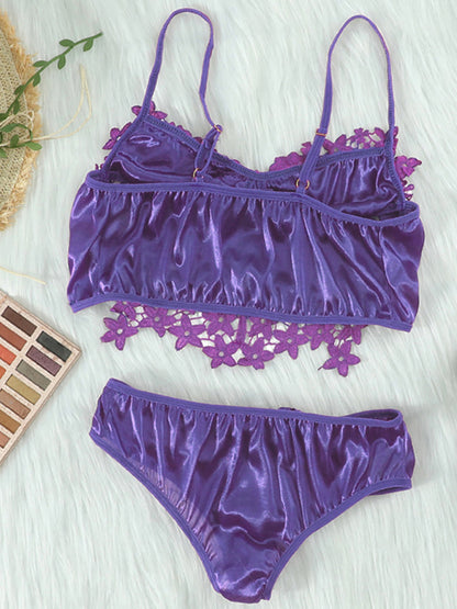 Spaghetti Straps Crochet Lace Hollow Out Bra Thong Lingerie Set