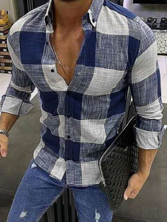 Men's Plaid Lapel Collar Button-Up Shirt