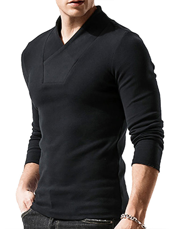 Men's Woolen V-Neck Stretchy Long Sleeve Tee