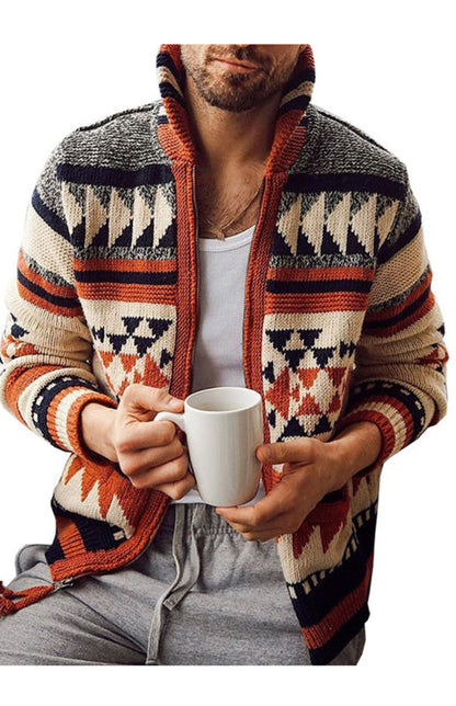 Men's Long Sleeve Lapel Outer Sweater Embroidered Stand Collar Zip Sweater - Hiccupzz