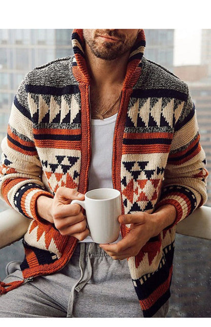 Men's Long Sleeve Lapel Outer Sweater Embroidered Stand Collar Zip Sweater - Hiccupzz