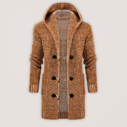 Men's Mid Length Hooded Knit Cardigan Horn Buckle Hooded Long Sweater - Hiccupzz