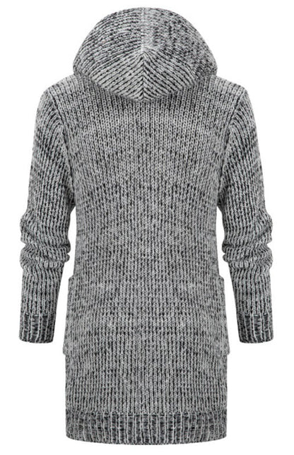 Men's Mid Length Hooded Knit Cardigan Horn Buckle Hooded Long Sweater - Hiccupzz