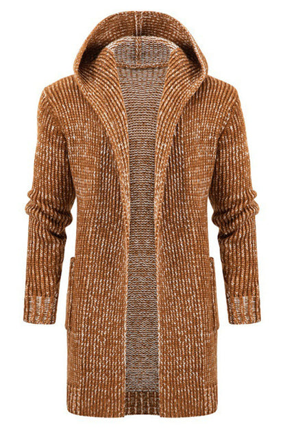 Men's Mid Length Hooded Knit Cardigan Horn Buckle Hooded Long Sweater - Hiccupzz