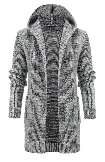 Men's Mid Length Hooded Knit Cardigan Horn Buckle Hooded Long Sweater - Hiccupzz