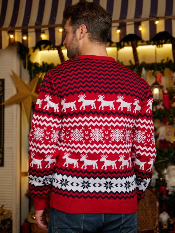 Men's Christmas Crew Neck Elk Jacquard Long Sleeve Sweater