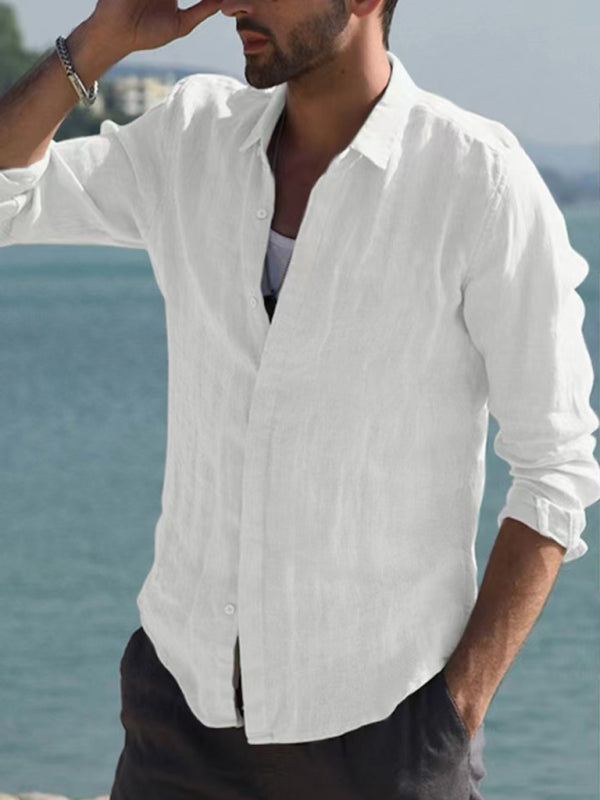 Men’s Casual Long Sleeve White Linen Button Down With Collar And Long Sleeves - Hiccupzz