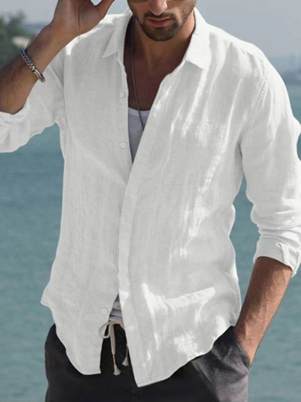 Men’s Casual Long Sleeve White Linen Button Down With Collar And Long Sleeves - Hiccupzz