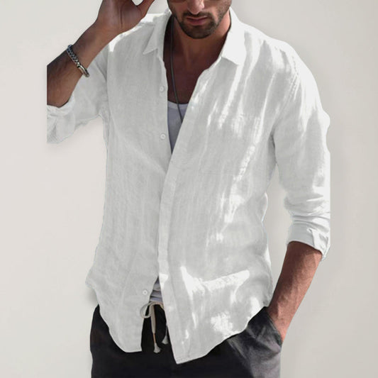 Men’s Casual Long Sleeve White Linen Button Down With Collar And Long Sleeves