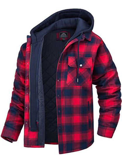 Men casual Thickened Padded Plaid Long Sleeve Loose Hooded Jacket - Hiccupzz