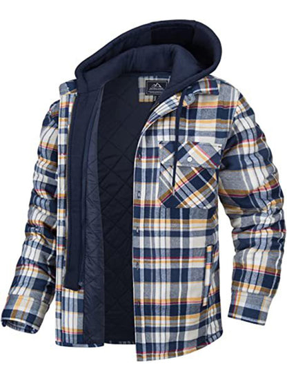 Men casual Thickened Padded Plaid Long Sleeve Loose Hooded Jacket - Hiccupzz