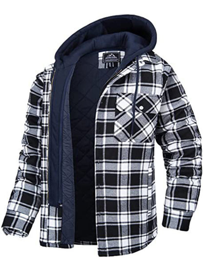 Men casual Thickened Padded Plaid Long Sleeve Loose Hooded Jacket - Hiccupzz