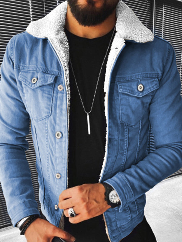 Plush Style Thickened Denim Men's Outer Jacket