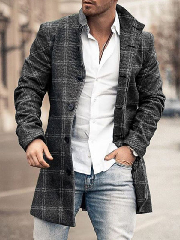 New men's woolen stand collar mid-length pocket casual coat - Hiccupzz