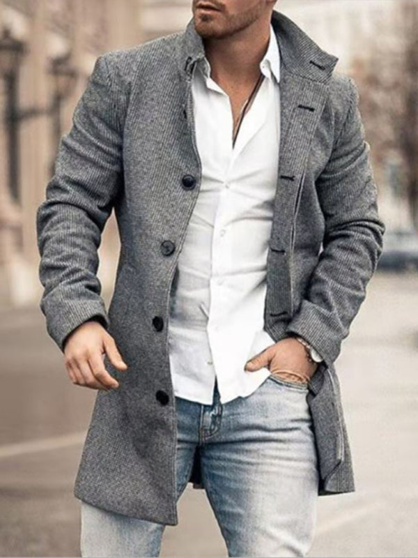 New men's woolen stand collar mid-length pocket casual coat - Hiccupzz
