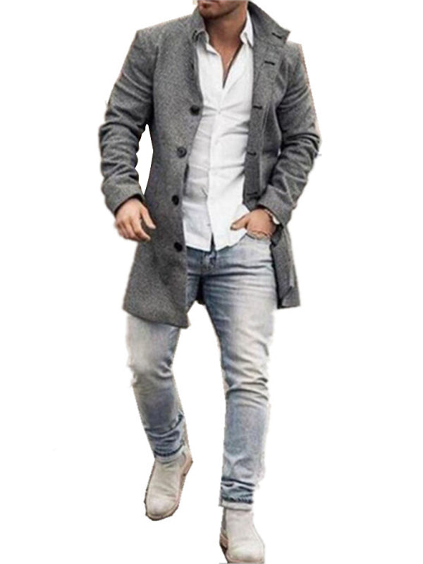 New men's woolen stand collar mid-length pocket casual coat - Hiccupzz