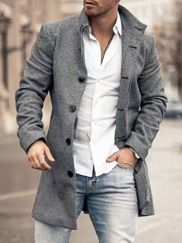 New men's woolen stand collar mid-length pocket casual coat - Hiccupzz