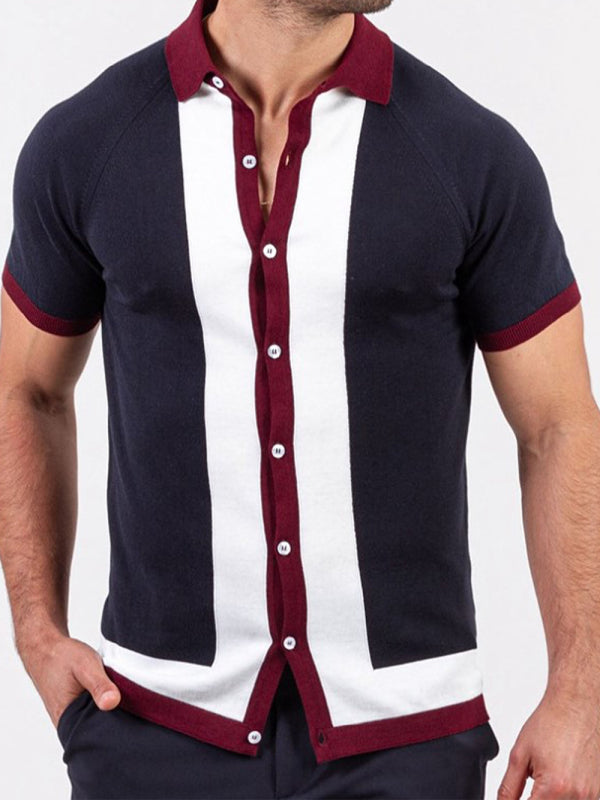 Men's single Breasted Paneled Color Contrast Short Sleeve Shirt