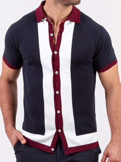 Men's single Breasted Paneled Color Contrast Short Sleeve Shirt - Hiccupzz