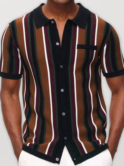 Men's single Breasted Color Contrast Stripe Short Sleeve Shirt - Hiccupzz