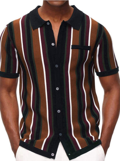 Men's single Breasted Color Contrast Stripe Short Sleeve Shirt - Hiccupzz