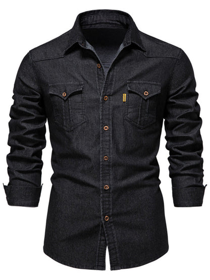 Denim non-iron shirt men's casual solid color non-iron men's long-sleeved shirt - Hiccupzz
