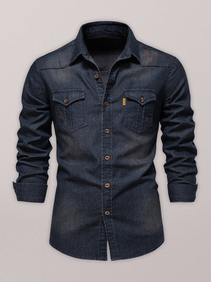 Denim non-iron shirt men's casual solid color non-iron men's long-sleeved shirt - Hiccupzz