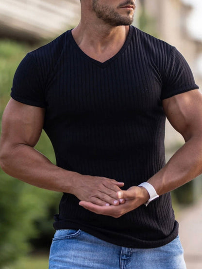 Men's Summer Slim Fit V-Neck Sports T-Shirt – Breathable Solid Color Short Sleeve