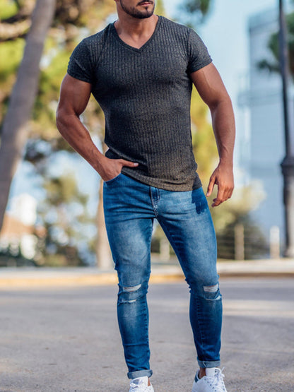 Men's Summer Slim Fit V-Neck Sports T-Shirt – Breathable Solid Color Short Sleeve