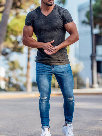 Men's Summer Slim Fit V-Neck Sports T-Shirt – Breathable Solid Color Short Sleeve