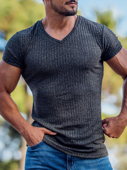 Men's Summer Slim Fit V-Neck Sports T-Shirt – Breathable Solid Color Short Sleeve